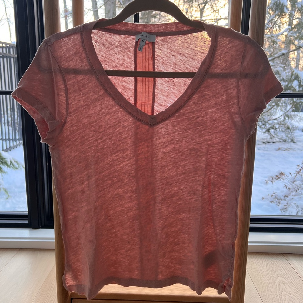 Reiss Linen V-Neck Short Sleeve Top - Coral Size M
